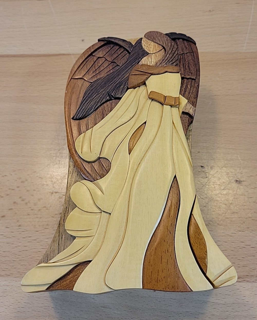 Carver Dan's Hand Carved Wood Angel Puzzle Box 2 Tone Wood Vietnam 6.25” x 4.25”